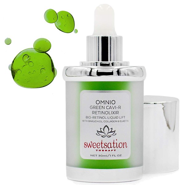Sweetsation Therapy/YUNASENCE OMNIO Green Cavi-R Retinolixir, Bio-Retinol Liquid Lift, with 3% Bakuchiol Natural Retinol Alternative, Collagen & Elastin, Marula, Vitamin C, Chaga Mushroom, 1oz.