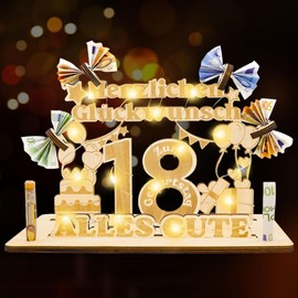 Idota 18 Geburtstag Geschenk Frauen & Männer - Geldgeschenke Geburtstag, Holz-Schild Gästebuch 18 Geburtstag Deko Geschenke mit LED Lichterketten, Personalisierbares Geschenk, 18 Geburtstag Mädchen