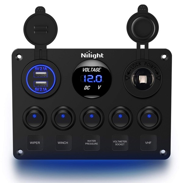 Nilight 90101E 5Gang Multi-Function 5 Gang Rocker Dual USB Charger + Digital Volmeter +12V Outlet Pre-Wired Switch Panel with Circuit Breakers for RV Car Boat Truck Trailer,2 Years Warranty,Blue
