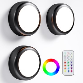 BESTDLCLITE LED Puck Lights with Remote, 13-Color Under Cabinet Lighting Wireless, Battery Operated Stick-On Lights, Dimmable Push Light for Closet/Shelf/Wall (Black-3 Pack)