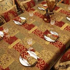 Loom and Mill Luxury Fabric Tablecloth 60 x 120 Inch, Christmas Jacquard Patchwork Table Covers with Tassels for Dining Kitchen Tabletop Party Banquet Holiday, Water Resistant (Red Gold, 60x120 in)