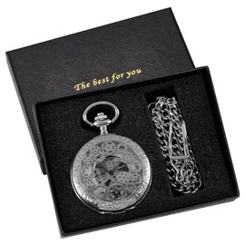 Double Open Silver Gear and Star Men's Mechanica Pocket Watch Cool Design, FOB Chain Double Open Case Design Mechanical Pocket Watches for Men - Silver