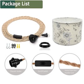 Boho Plug in Pendant Light Hanging Lamp with 15Ft Hemp Rope Plug-in Cord On-Off Switch, Ceiling Lamp Fabric Cylinder Lampshade for Hanging Plant Shelf Decor Bedroom Living Room Corner Kitchen Island
