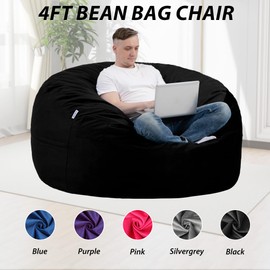 lilanoon Bean Bag Chair 4FT with Ultra Soft Velvet Cover Memory Foam Bean Bag Large Size for Adults Lazy Sofa for Living Room Black 4FT