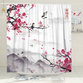 Witzest Japanese Cherry Blossom Shower Curtain Set, Asian Anime Shower Curtains for Bathroom Cool Wash Painting Abstract Art Decor Polyester Fabric-72" x 72"