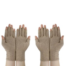 2Pairs Arthritis Compression Gloves for Men & Women | Wrist Support Open Finger Gloves | Breathable Moisture Wicking Fabric, Hand Therapy Carpal Tunnel Gloves, Relieve Arthritis Pain | Brown (L)