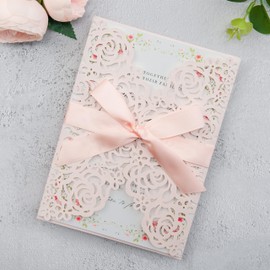 ponatia 25PCS Hollow Rose Laser Cut Wedding Invitations Cards with Envelopes, Printable Pearl Paper with Blush Pin Ribbons For Wedding Bridal Shower Engagement Sweet 16 Birthday Invite (Blush Pink)