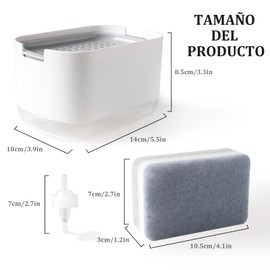 YINGDIHUT Dispensador de Jabon, Dispensador Jabon Cocina con Soporte de Esponja, Fácil de Llenar Esponja Empuje hacia Abajo, Duradero, Dispensador de Jabon para Cocina, Baño y Fregadero(Blanco)