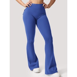 QOQ Flare Leggings with Pockets for Women Workout Scrunch Flare Leggings Tummy Control Gym Yoga Pants Wide Leg Sapphire L