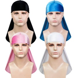 Samserot 4 Pieces Men Velvet Durag with Long Tail Silky Durag Headwraps for 360 Waves, Black+white+light Blue+pink, One Size