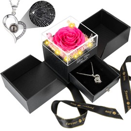 FOCIE Preserved Dark Pink Real Rose -Eternal Flowers Rose Gifts for Mom Grandma Wife Girlfriend on Mothers Day Valentines Day Gifts for Her Christmas Birthday Anniversary with I Love You Necklace