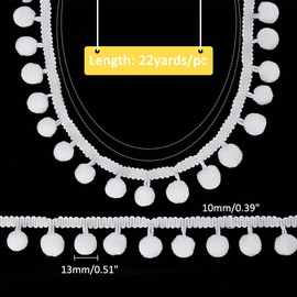 PH PandaHall 22 Yard Pom Poms Balls Fringe Trim 10 mm White Edge Fringe Ribbon Pompoms Tassel Lace Accessories for Sewing Cushions Clothing DIY Crafts Party Home 13 mm Balls