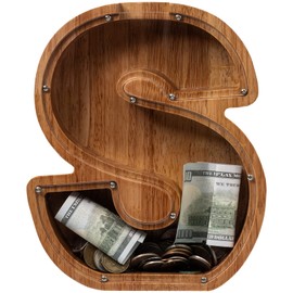 ladenk Large Wooden Kids Letter Piggy Bank - Piggy Bank for Boys Girls - Alphabet Money Bank with Initial S - Coin Bank for Birthday