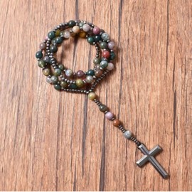 Catholic Rosary Beads Necklace For Women Men Hematite Cross Pendant with Indian Agate and Hematite Stone Prayer Beads Gift Boxed