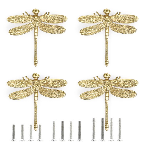 BSTKEY 4pcs Brass Gold Dragonfly Drawer Knobs Furniture Knobs with