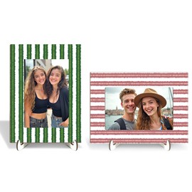 SAPEYKR 2PC Green Pink Strip Print Photo Frame Wooden Picture Frames With Wood Stand, Tabletop Display Desk Decor Bedroom Living Room Office Home Decor Desk Accessories Supplies Fits 4x6 inches