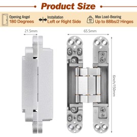 Hawaminent Upgraded Invisible Door Hinges 2 Silver – 6inch 3 Way Adjustable & 180° Swing Concealed Hinges, Heavy Duty Zinc Alloy Invisible Hinge, Hidden Door Hinges with Capacity up to 88lb