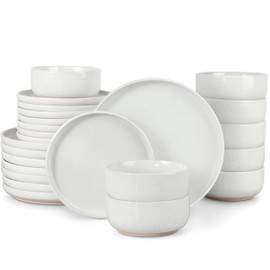 LIANYU 24 Piece Dinnerware Sets for 8, Stoneware Dinner Dishes for Kitchen Dining, Elegant Plates and Bowls Sets, Safe & Healthy Clay, Oven & Dishwasher Safe, Snowy White