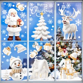 Christmas Window Stickers, 9 Sheets 3D Christmas Window Decorations, Static Christmas Window Clings, Reusable Xmas Window Stickers Santa Claus Snowman Reindeer Snowflake for Christmas Window Office