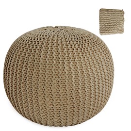 HOMBYS Unstuffed Ottoman Pouf Cover, 100% Cotton Handmade Knitted Ottoman Pouf Cover Round Foot Stool, Floor Bean Bag Chair, Foot Rest Storage for Living Room Bedroom, Khaki(Cover ONLY NO Filler)