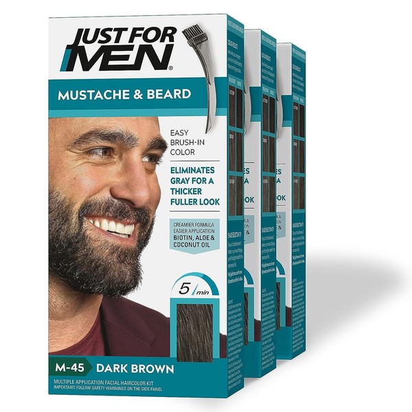 Just For Men Mustache & Beard, Beard Dye for Men with Brush Included for Easy Application, With Biotin Aloe and Coconut Oil for Healthy Facial Hair - Dark Brown, M-45, Pack of 3
