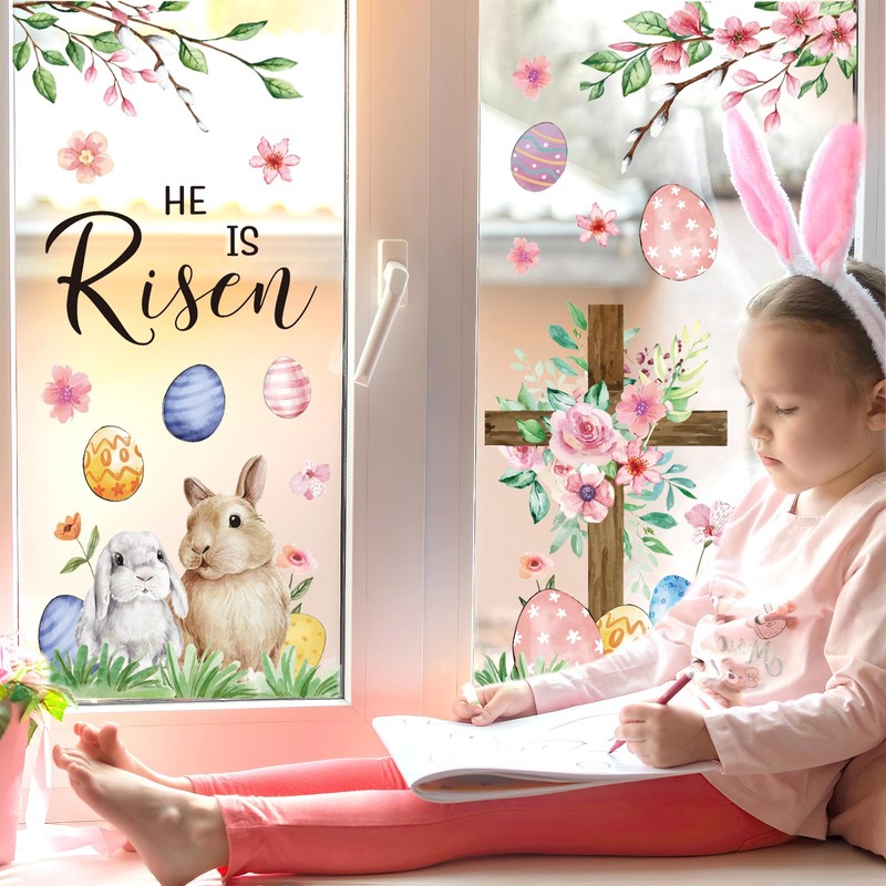 JarThenaAMCS Easter He is Risen Window Clings Bunny Egg Floral