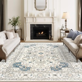 befbee Washable Area Rug 8x10, Area Rugs Stain Resistant Neutral Washable Rugs for Living Rooms Bedroom Vintage Non-Slip Thin Large Size Area Rug（BeigeBlue）