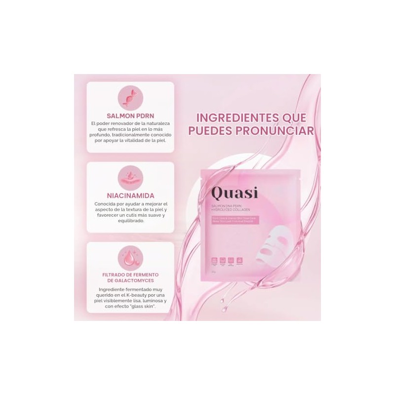 Quasi Mascarilla Facial Salmón DNA PDRN Colágeno Hidrolizado 4 pzas