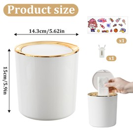 Zuxbolf Table Rubbish Bin with Lid, Mini Rubbish Bin, Plastic Rubbish Bin, Small Waste Paper Bin, White, Cosmetic Bin, Round Table Waste Bin with Stickers for Desk, Bathroom (15 x 14.5 cm)