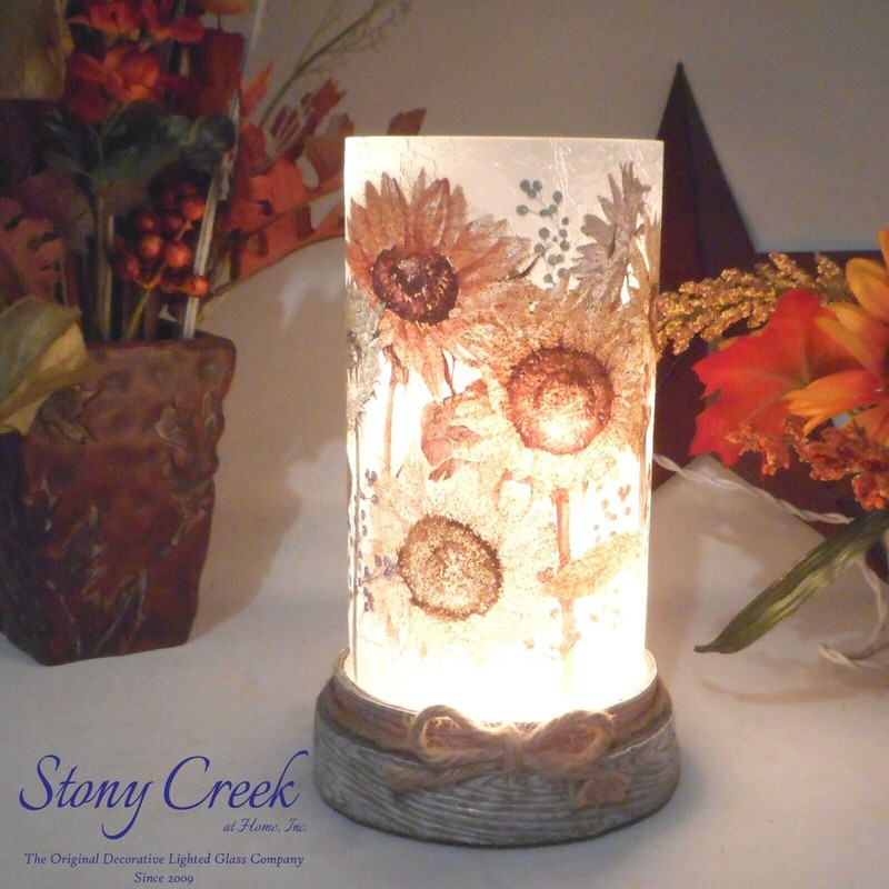 Stony Creek Decorative Lighted Glass Blue Natural Sunflowers 8" Hurricane