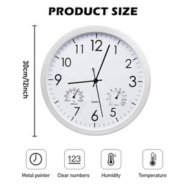 BORDEAG Wall Clock Without Ticking Noises, Wireless Wall Clock with Temperature and Humidity, Wall Clocks 30 cm, Kitchen Clock, Large Wall Clock Modern for Living Room, Kitchen, Home, Bedroom, Office