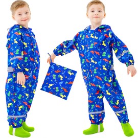Domueay Kids Puddle Suit Boys Waterproof All in One Rain Suit Hooded Breathable Lightweight Raincoat Cartoon Muddy Suit with Zip for Children 3-5 Years, Dark Blue Dinosaur