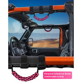 Savadicar - 4 asas de agarre de barra enrollable, mango de agarre de tela circular compatible con Jeep Wrangler CJ YJ TJ JK JKU JL JLU y Gladiator JT, accesorios interiores, color rosa, 4 unidades
