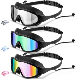 Konohan 3 Pack Adult Swim Goggles Swimming Wide Goggles No Leaking Anti Fog Glasses with Nose Clips Ear Plugs (Chromatic Lenses)