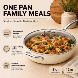 Kikcoin 12 Inch Ceramic Nonstick Frying Pan with Lid, 5 QT Deep Saute Pan for Cooking, Induction Ready Skillet with Stay Cool Handle, PFAS/PTFE/PFOA Free, Oven & Dishwasher Safe