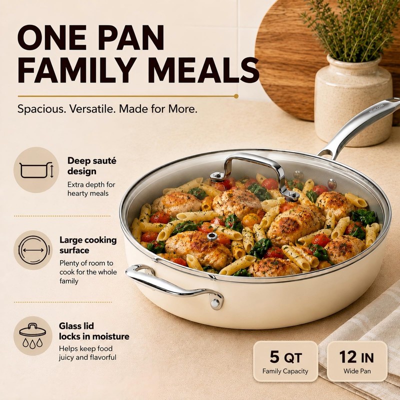 Kikcoin 12 Inch Ceramic Nonstick Frying Pan with Lid, 5