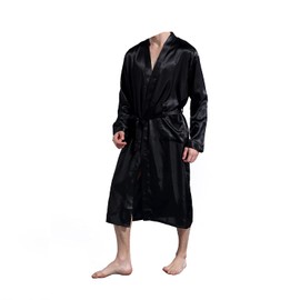 Men Robe Bathrobe Nightgown Sleepwear Solid Color Long Sleeve Nightclothes Glossy Clothes