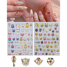 New Cartoon Anime Nail Art Sticker Decals Children Princess Anime Moon Hare Nail Art Sticker 5D Embossed(2 Sheets) + 3D Diamond Nail Art Accessories for Nail Art Decoration(4 Pcs)