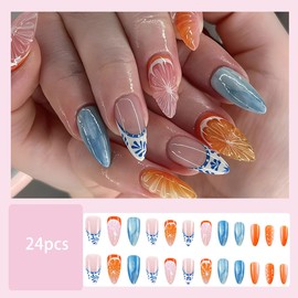 BQZQPAMZ 24pcs Orange Medium Almond False Nails Blue White French Tip Press on Nails Light Blue Flower Stick on Nails Full Coverage Acrylic Nails for Women Summer Manicure