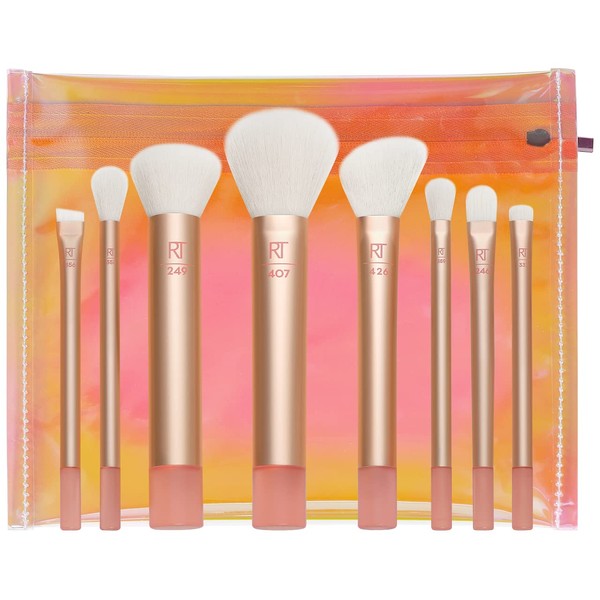 Real Techniques The Wanderer Makeup Brush Kit, Premium and Professional Brush Set, Soft Bristles, For Foundations, Powders, and Concealers, 9 Piece Set, Gold