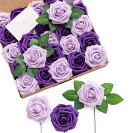 Ling's Moment Artificial Flowers 25Pcs Lilac & Purple Roses Decor w/Stems,3" Real Touch DIY Foam Floral for Wedding Bouquet/Centerpieces, Outdoors Party Backdrop, Room/Table, and Garden/Pot Decor