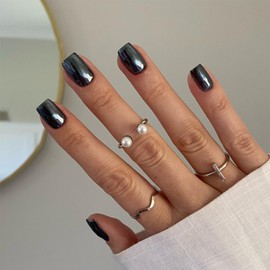 SXVME Acrylic Press on Nails Short, Metallic Black Fake Nails with Design, Sparkle Chrome Nails Press ons Short Square, Bling Glazed Soft Gel Glue on Nails for Women Party Prom Nail Art in 24 Pcs