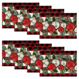 Artoid Mode Buffalo Plaid Holly Pine Cones Christmas Balls Placemats Set of 8, 12x18 Inch Seasonal Winter Table Mats for Party Kitchen Dining Decor