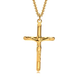 Rockyu Men's Necklace, Black, Black, Stainless Steel, Hypoallergenic, Jesus Cross Pendant, Amulet, Cross, Fashion, Chain, 23.6 inches (60 cm), Long, Father's Day Gift, Stainless Steel