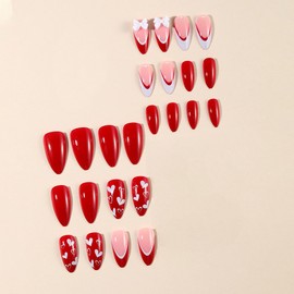 MERVF Almond Press on Nails Medium Fake Nails Red White French Tip Glue on Nails Heart Press ons with 3D Bow Design Acrylic Stiletto Valentines Nails for Women Glossy 24pcs