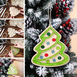 Gerrii 16 Pcs 6 Inch Christmas Wooden Coloring Crafts to Paint Unfinished Gingerbread Cookies Wood Slices Ornaments Double DIY Hanging Coloring Crafts with Strings for Xmas Tree Decor Party Supplies
