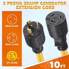 Tellegloww 10ft L6-20 Generator Extension Cord Compatible with NEMA L6-20P Male Plug to L6-20R Female Receptacle 3 Prong 20 Amp Locking Power Cord, STW 12 AWG/3C,250 Volt 5000 Watts, ETL Listed