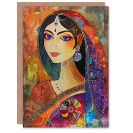 Artery8 Indian Woman With Saree Colourful Folk Art For Her Woman Birthday Card