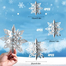 12 Pcs Hanging Snowflakes, Christmas Garland Snowflakes 3D Snowflakes Ornaments Paper Snow Flakes Decorating Hanging for Winter Xmas Wonderland Party Decoration (Silver)