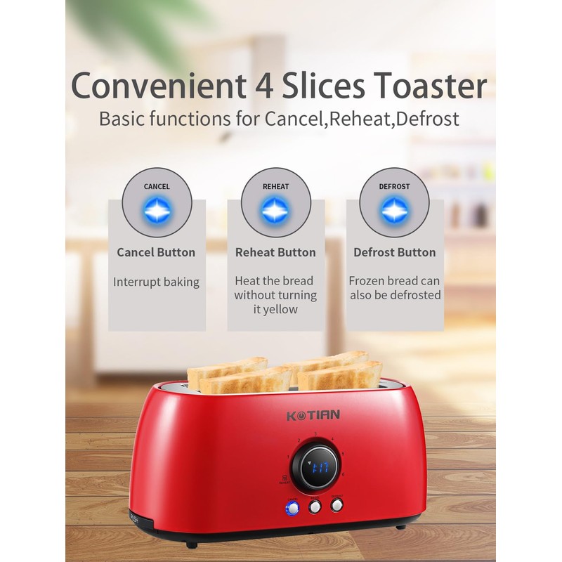 Toaster 4 Slice,KOTIAN Retro Long Slot Toasters with Countdown Timer,Stainless